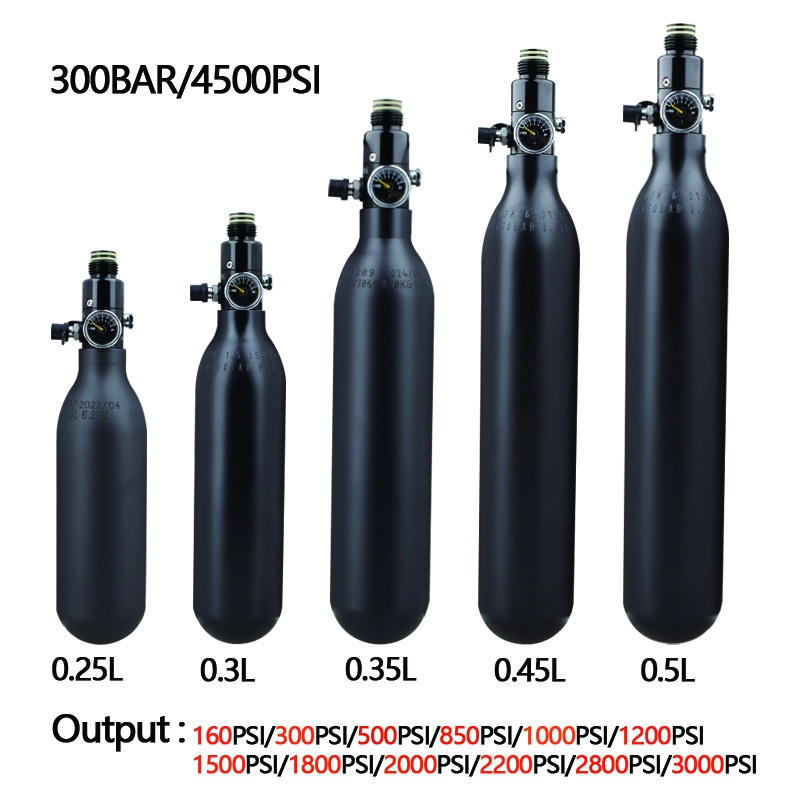 HPA Scuba M18*1.5 0.22L 0.3L 0.35L 0.45L 0.5L อลูมิเนียมสีดํา 300BAR 4500PSI แก๊สกระบอกเอาต์พุต 160PSI 3000PSI ความดัน