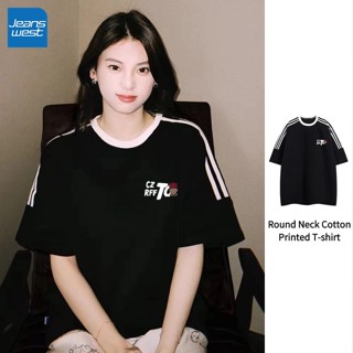 เสื้อคู่รัก Jeanswest ผ้าฝ้ายพิมพ์ลายทางคอกลม ทรงโอเวอร์ไซส์…