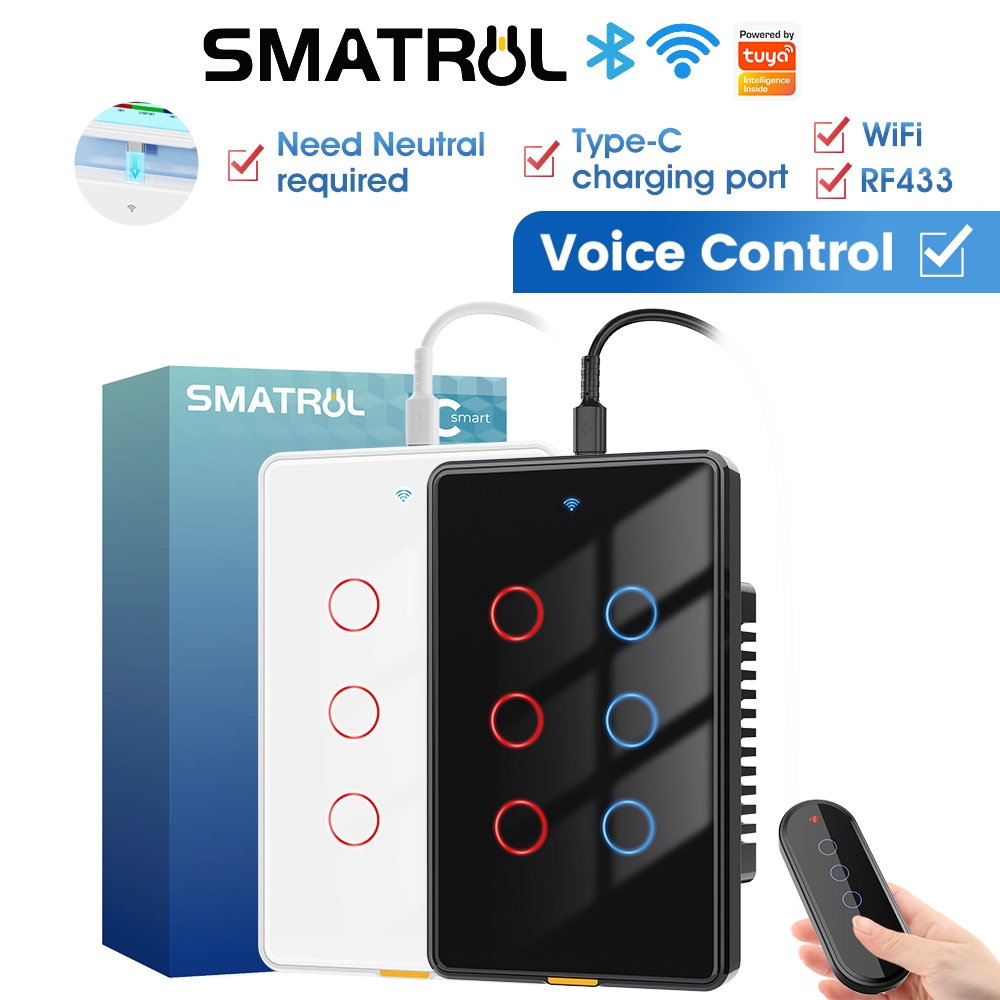 SMATRUL Tuya สมาร์ทไร้สาย WiFi RF433 US 2-Way Light Wall Touch สวิทช์ 110-240V Type-C Timing 6 Gang Voice App สําหรับ Tmall Genie
