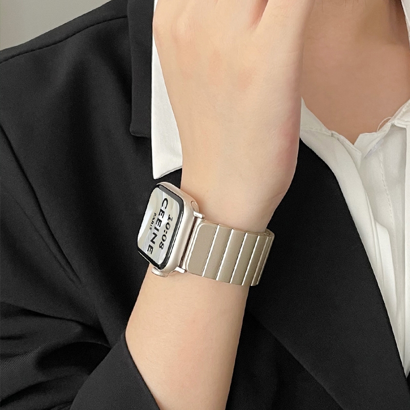 สายสแตนเลสแม่เหล็ก ลายข้อต่อไม้ไผ่ สำหรับ Apple Watch Ultra 2 / ซีรีย์ S10 9/6/SE/3 ขนาด 46mm 38/40/41/42/44/45/49mm แบบหรู สำหรับงานแต่งกาย Bamboo Metal Band