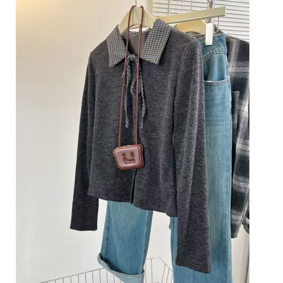 สไตล์เกาหลีผู้หญิงสุภาพสตรีบางโปโลลายสก๊อตเสื้อแขนยาวเสื้อ