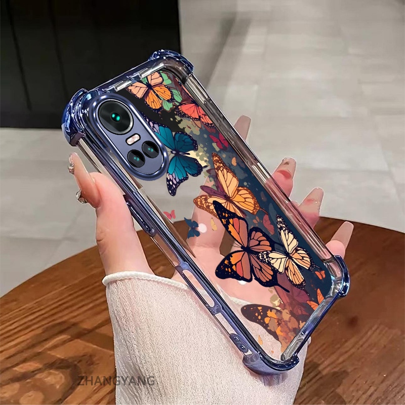 สําหรับOPPO RENO 10 5G RENO 10 Pro 5Gความละเอียดสูงโปร่งใสกันกระแทกElectroplatedเคสโทรศัพท์ความงามที่มีสีสันรูปแบบผีเสื้อTPUออกแบบใหม่นุ่มกรณี