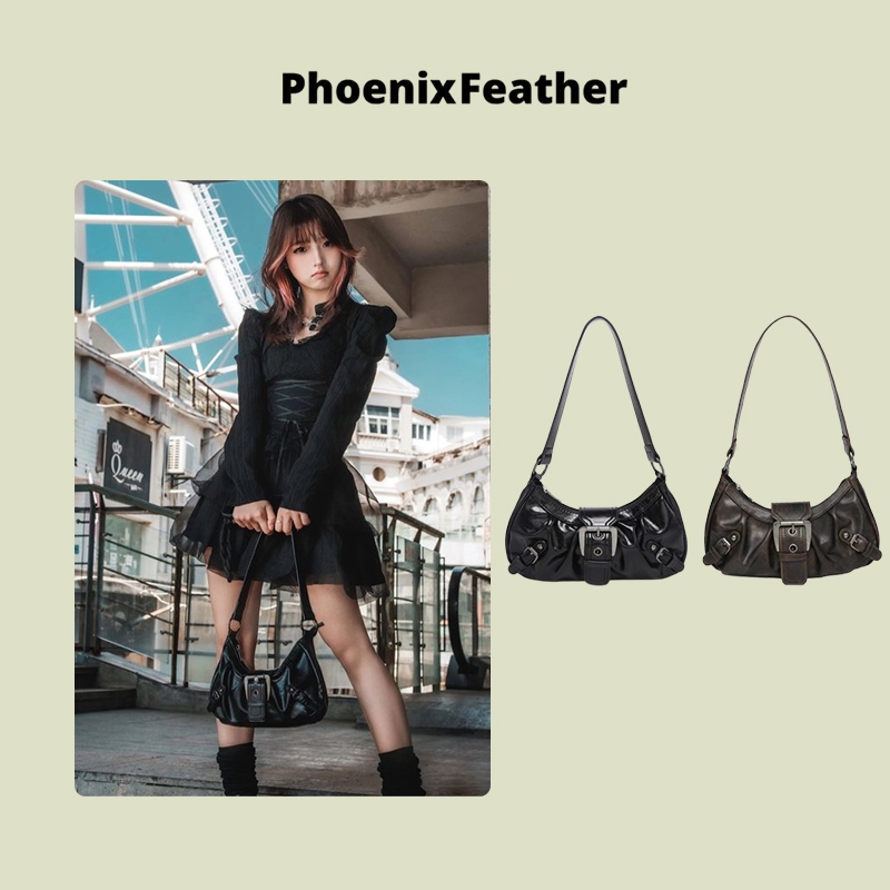 Phoenix Feather กระเป๋าสะพายสไตล์ Maillard วินเทจหัวรถจักรลมพับใต้วงแขนกระเป๋า