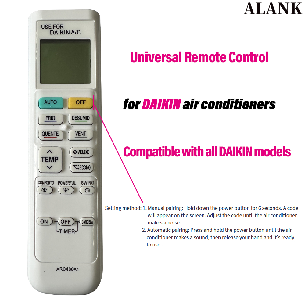 ALANK รีโมทอเนกประสงค์ DAIKIN สำหรับแอร์ไดกิ้น ใช้งานได้กับทุกรุ่น (เครื่องปรับอากาศแยกที่ใช้ได้)