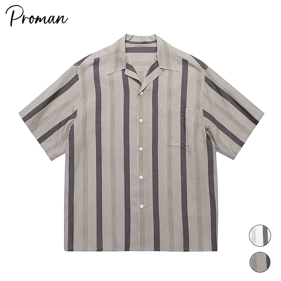 💥ProMan💥เสื้อเชิ้ตผู้ชาย ลายเส้นแนวตั้ง สีต่อ ลำลอง บ้าน เสื้อมีกระเป๋า