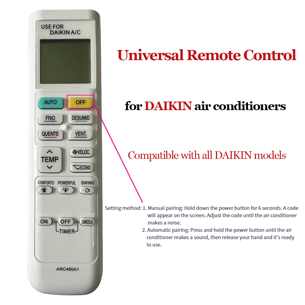 DAIKIN รีโมทแอร์ไดกิ้นแบบสากล รุ่นใหม่ ใช้ได้ทุกรุ่น (เหมาะกับแอร์สปลิต) ตั้งค่าง่าย ARC480A1