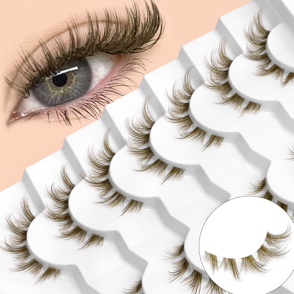 ขนตาสีน้ําตาล Cat Eye Lashes Wispy False Lashes Clear Band Strips Lashes 5 คู่ยาวปลอม Lashes