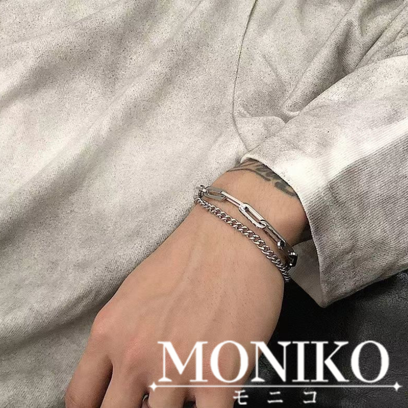 Moniko Elliptical ซ้อนโซ่เหล็กไทเทเนียมประกบสองชั้นสร้อยข้อมือหนา