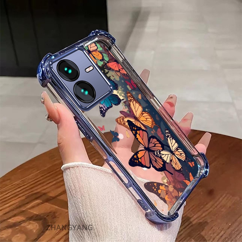 กรณีสําหรับ vivo Y22S Y22 ความละเอียดสูงโปร่งใสกันกระแทกเคสโทรศัพท์ไฟฟ้าความงามที่มีสีสันรูปแบบผีเสื้อ TPU ดีไซน์ใหม่นุ่มกรณี