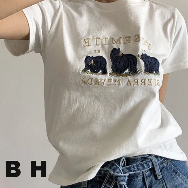 Bh เสื้อยืด แขนสั้น ผ้าฝ้าย ลายหมี สไตล์เกาหลี แฟชั่นฤดูร้อน สําหรับผู้หญิง