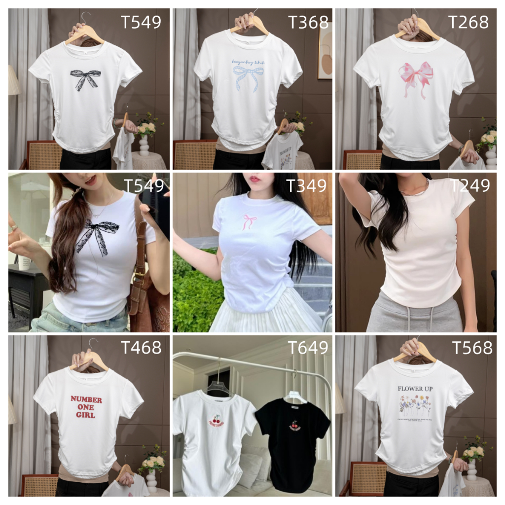 จัดส่งจากกรุงเทพฯ 🚚💨เสื้อยืดคอกลมแขนสั้นพิมพ์ลายโบว์ตัวอักษรของแท้แบบใหม่ เข้ารูปและทำให้ดูผอม