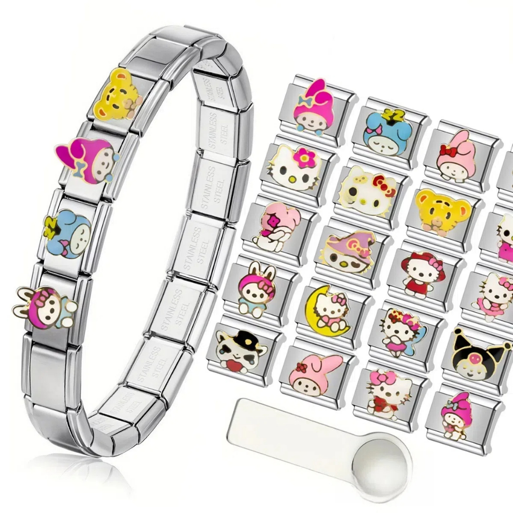 Hello kitty kuromi สร้อยข้อมืออิตาลี charm links fit สร้อยข้อมือสแตนเลส 9 มม. DIY เครื่องประดับทํา
