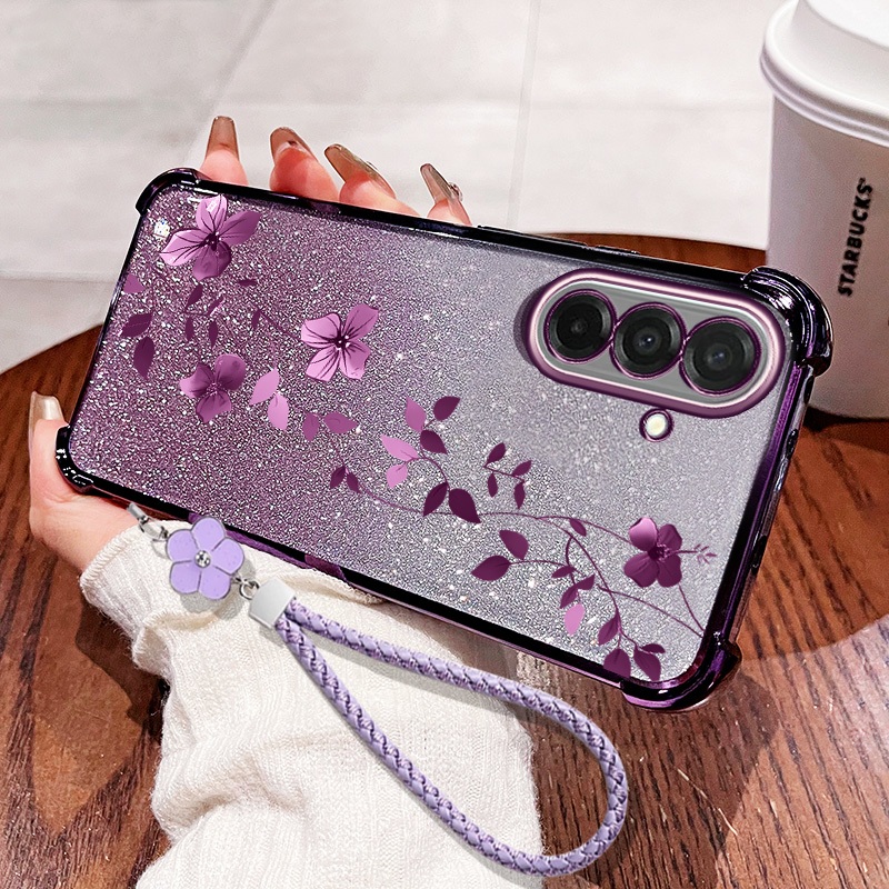 ปลอกสําหรับ Samsung Galaxy A57 A37 A17 A56 A36 A26 A16 A55 A35 A25 A15 A54 A34 A24 A14 A04S A13 5G 4G ดอกไม้ Vine ดอกไม้แขวนเชือก Glitter Powder Anti Drop กรณี