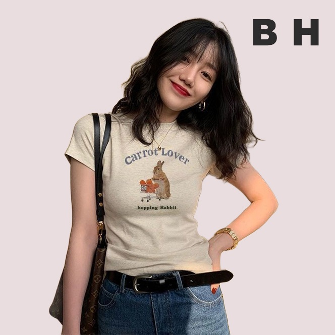 Bh เสื ้ อยืดผ ้ าฝ ้ ายพิมพ ์ ลายไหล ่ ผู ้ หญิงฤดูร ้ อนแขนสั ้ นคอกลมสลิม