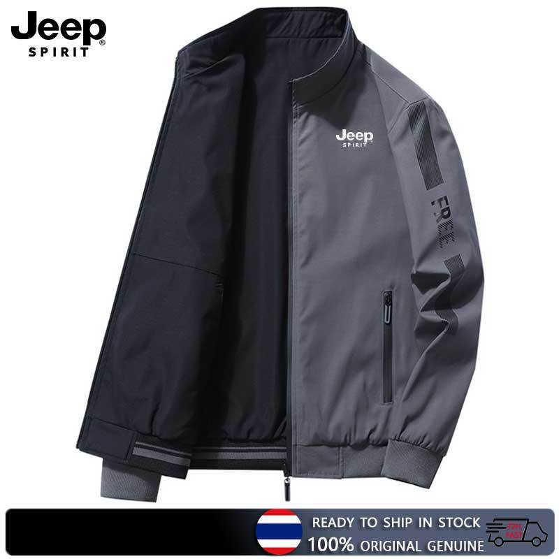 JEEP SPIRIT เสื้อแจ็คเก็ตสองด้านใหม่ธุรกิจแฟชั่นเบสบอลคอปกซิปกันลมเสื้อแจ็คเก็ตลําลองผู้ชายหลวม 5XL