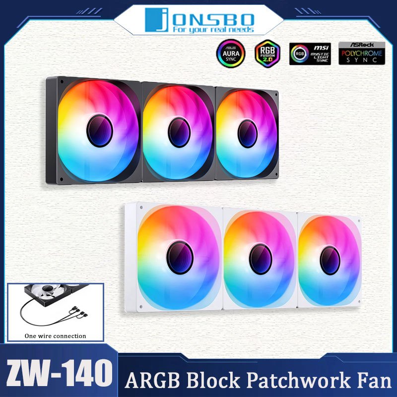 JONSBO ZW-140 พัดลม ARGB Shenguang Synchronous 14 ซม.สายฟรี Splicing Joint Block พัดลม PWM Triple Pa