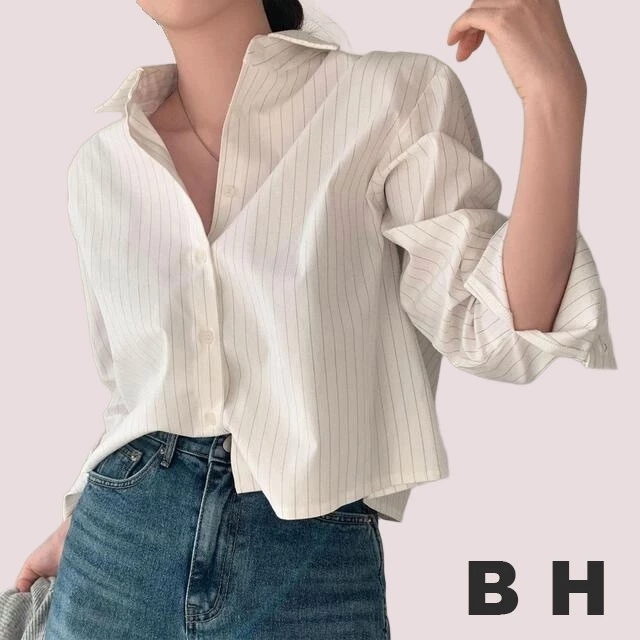 เสื้อเชิ้ตแขนยาว คอโปโล ทรงหลวม ลายทาง แบบเรียบ สไตล์เกาหลี สําหรับผู้หญิง