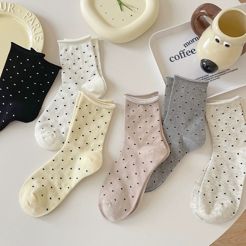 KAFU D136 สีเทา Polka Dot ถุงเท้า Curling Edge ที่ไม่ซ้ํากัน Polka Dot ถุงเท้ากลางหลอดฤดูร้อนบางสไตล์