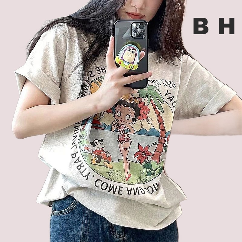 เสื้อยืดลําลองสําหรับสตรี ผ้าฝ้าย 100% แขนสั้น พิมพ์ลาย ขนาดพลัส ทรงหลวม