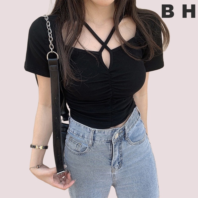Bh เสื้อครอปท็อป คอต่ํา สีพื้น เซ็กซี่ สําหรับผู้หญิง