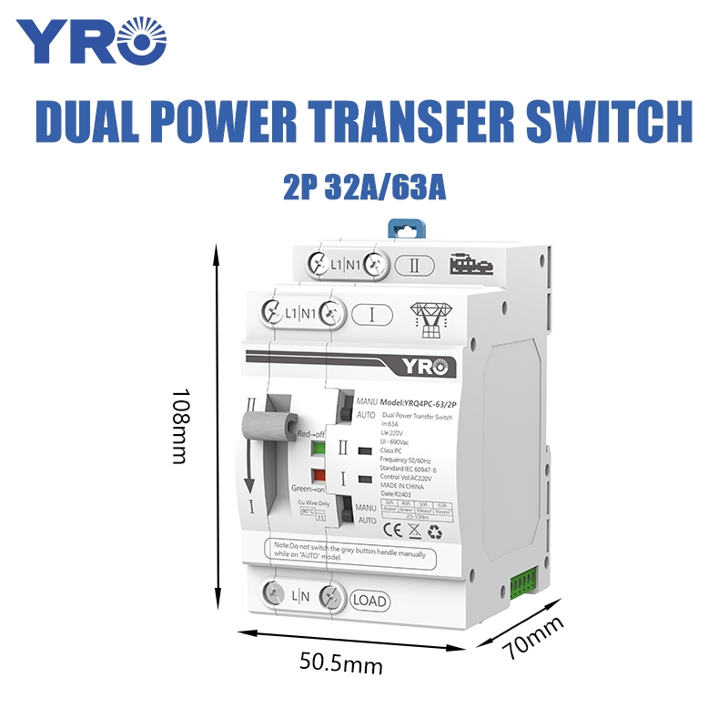 YRO Din Rail 2P ATS Dual Power สวิตช์โอนอัตโนมัติตัวเลือกไฟฟ้าสวิตช์อย่างต่อเนื่อง 40A 63A 32A 50A