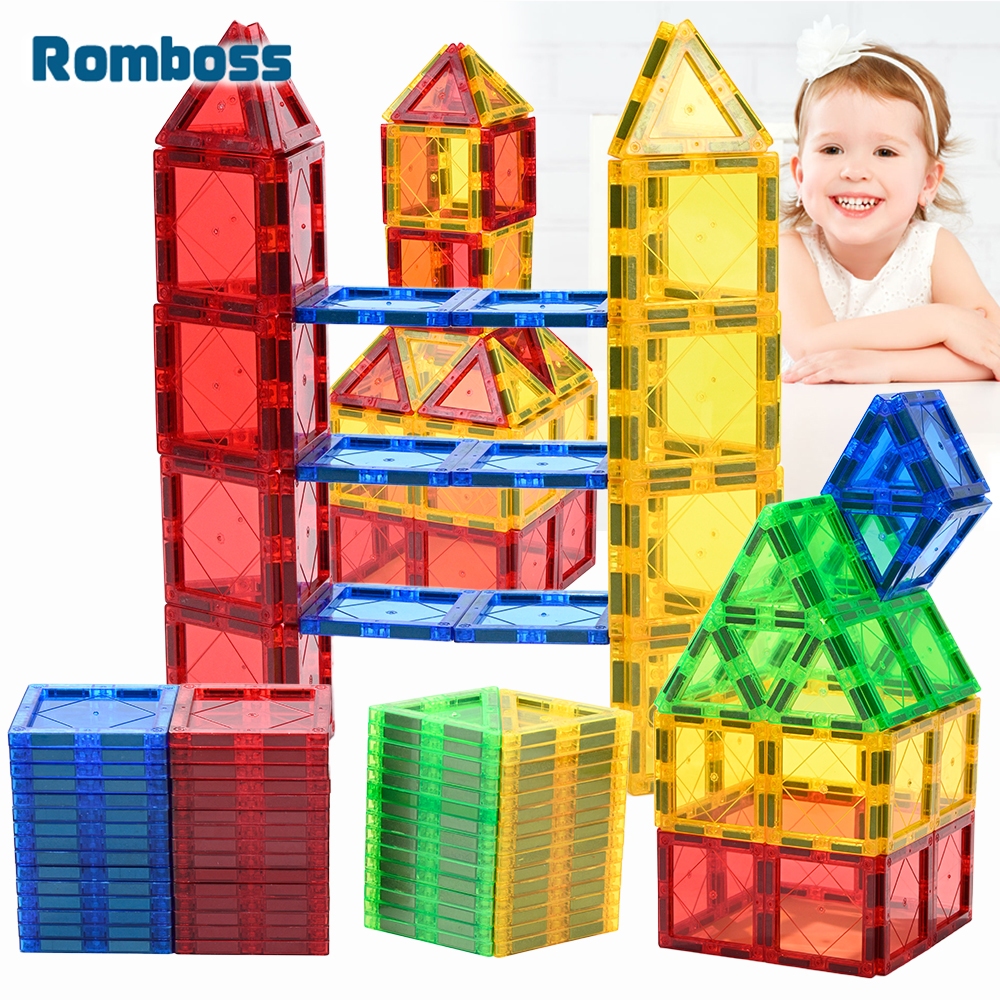 Romboss 60PCS 6.5 ซม.กระเบื้องแม่เหล็กสําหรับเด็ก DIY ของเล่นเพื่อการศึกษาก่อสร้างแม่เหล็กอาคารบล็อกคริสต์มาสของขวัญเท่านั้นสามเหลี่ยม + Square ชุดเติม