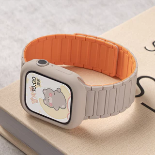 สายรัดแม่เหล็ก+เคสป้องกันซิลิโคนเหมาะสําหรับสมาร์ทวอทช์ซีรีส์ 11/10/9/8/7/6/5/SE/4/3/2/1 ชุดสายรัดเหมาะสําหรับ iwatch 49/46/45/44/42/41/40/38 มม.