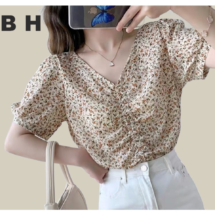 ฤดูร้อนผู้หญิงเสื้อชีฟองดอกไม้คอวีแขนสั้นเชือกรูดด้านบน