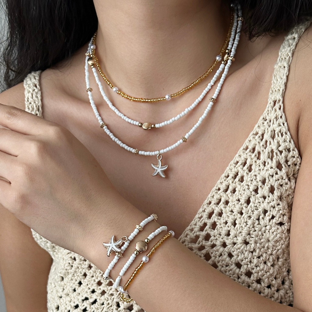 แฟชั่น 3 ชิ้น Boho ไข่มุกปลาดาวลูกปัดสร้อยคอสร้อยข้อมือสร้อยข้อเท้าเครื่องประดับชายหาดวันหยุดของขวัญอุปกรณ์เสริม