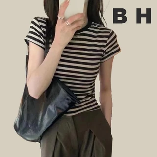 เสื้อยืด แขนสั้น ผ้าฝ้าย ลายทาง เรียบง่าย สไตล์เกาหลี สําหรับผู้หญิง