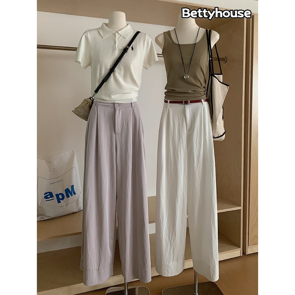 Betty house🌸พร้อมส่ง กางเกงขากว้างผู้หญิง กางเกงเอวสูงขากระบอก สีทึบเรียบง่าย นุ่มและสบาย สไตล์เกาหลีเรียบง่าย