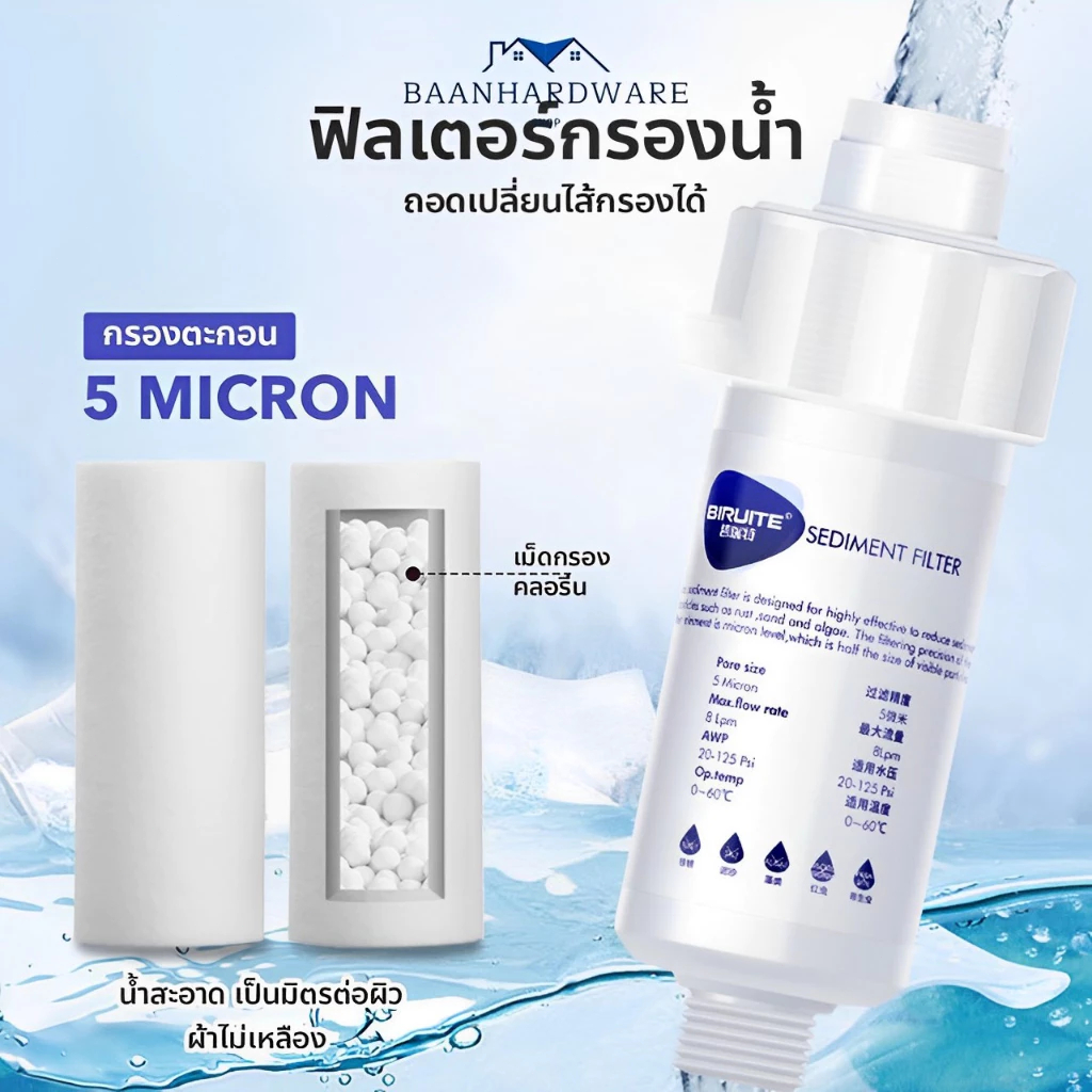 ที่กรองฝักบัว คลอรีน แท่งน้ำ ฟิลเตอร์น้ำ กรองน้ำประปา ถอดเปลี่ยนไส้กรองได้