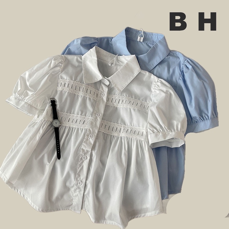 BH Summer เสื้อเชิ้ตแขนสั้นผู้หญิง แขนฟองหลวม