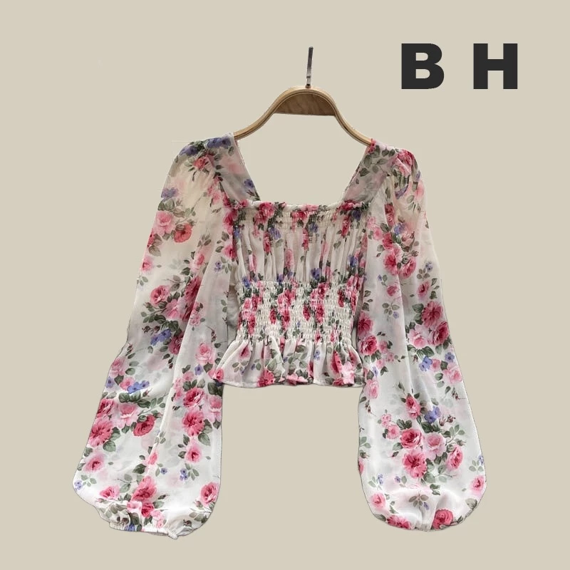เสื้อเบลาส์แขนสั้น ผ้าชีฟอง ลายดอกไม้ สไตล์ฝรั่งเศส สําหรับผู้หญิง