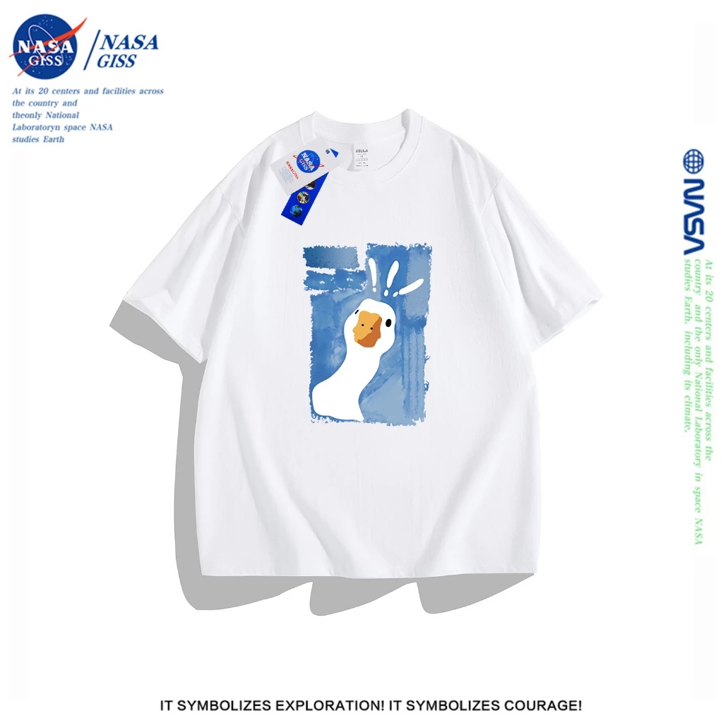 NASA เสื้อยืดหญิงชาย สไตล์ยอดนิยม เสื้อ summer ห่านประหลาดใจ พิมพ์ลาย ผ้าฝ้ายแท้ คอกลม ทรงหลวม ระบายอากาศ