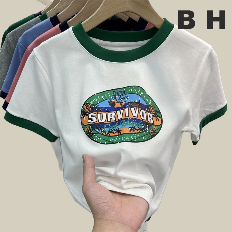 BH Summer Womens cotton เสื้อยืดพิมพ์ลายคอกลมและแขนสั้น