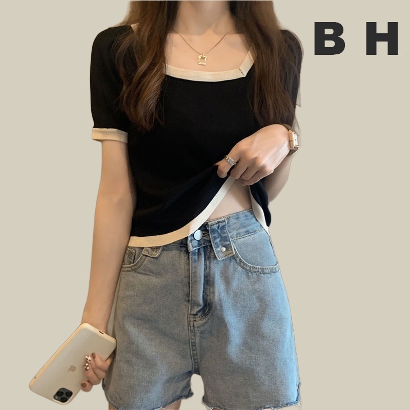 เสื้อยืดคอสี่เหลี่ยมแขนสั้นผ้าฝ้ายสไตล์เกาหลีฤดูร้อนสําหรับผู้หญิง
