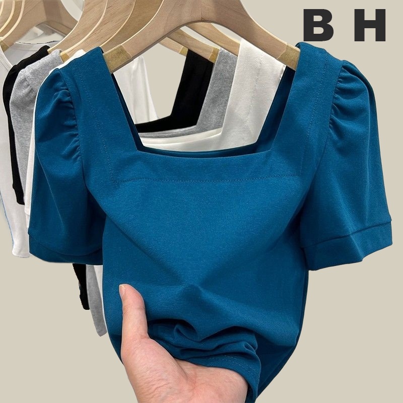 เสื้อยืดแขนสั้น คอสี่เหลี่ยม แขนพอง ผ้าฝ้ายแท้ สไตล์เกาหลี สําหรับผู้หญิง