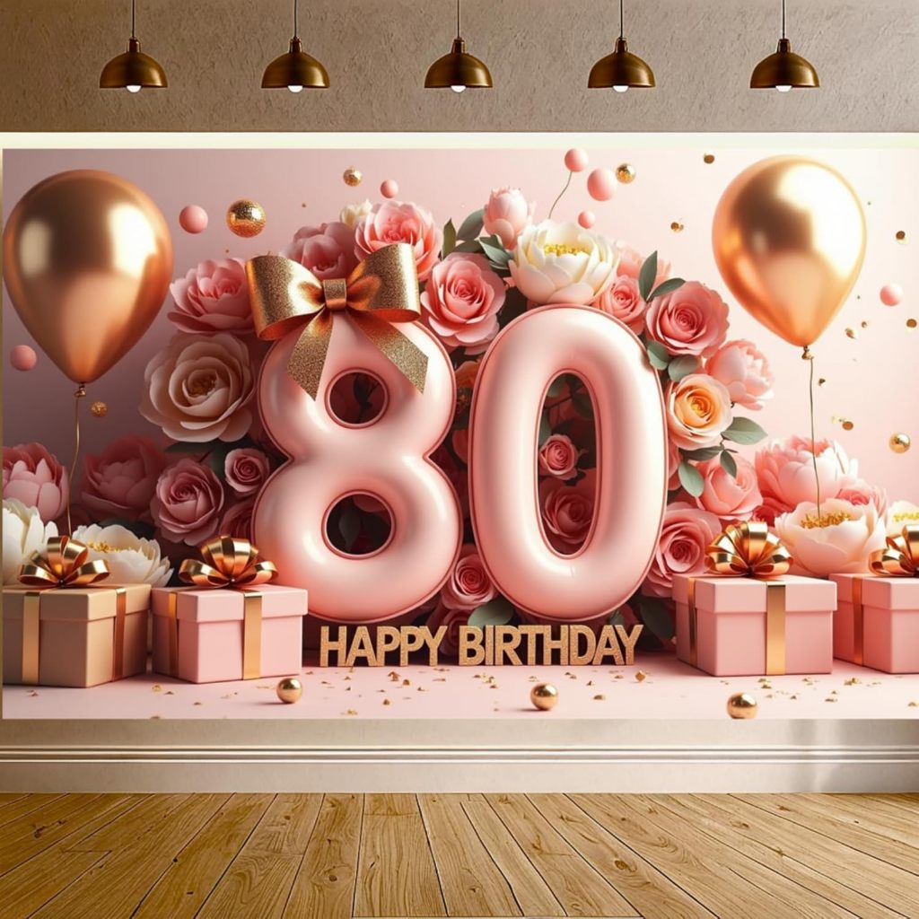 สีชมพู Rose Gold 80th Happy Birthday การถ่ายภาพฉากหลังสําหรับผู้หญิงสีชมพู Rose Gold 80th วันเกิดแบน