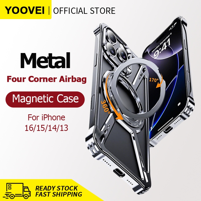 YOOVEI Xกรณีโลหะอลูมิเนียมแม่เหล็กสําหรับเคสไอโฟน17/16/15/14/13 Pro Maxกันกระแทกเข้ากันได้กับแม่เหล็กชาร์จIphoneกรณีพร้อมขาตั้งปลอกโทรศัพท์ป้องกันLight-บาง Magnetic protection case casing for iPhone 16/15/14/13 por max – โปรปัง