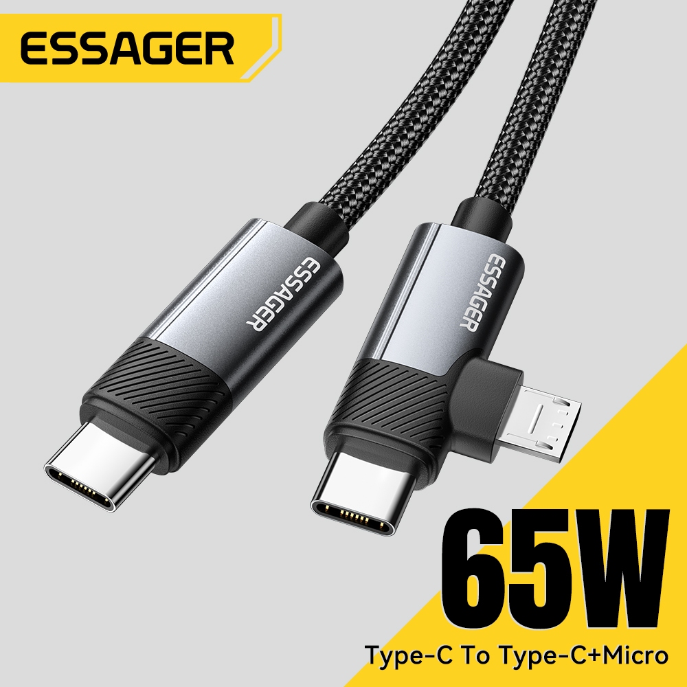 Essager 65W Type-C ถึง Type-C + สาย Micro 2 in 1 Fast สายชาร์จอะแดปเตอร์สําหรับ ip 15-16 Huawei