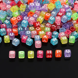 [6x6 มม.] 100 ชิ้นอะคริลิคภาษาอังกฤษลูกปัดจดหมายสุ่มลูกปัดโปร่งใสที่มีสีสันสแควร์ลูกปัด DIY Handmade