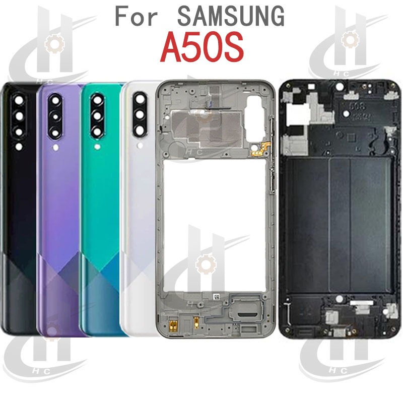 สําหรับ Samsung Galaxy A50S แบตเตอรี่ฝาหลังกรอบกลาง + ปุ่ม + กรอบด้านหน้า LCD + เลนส์กรอบกล้อง