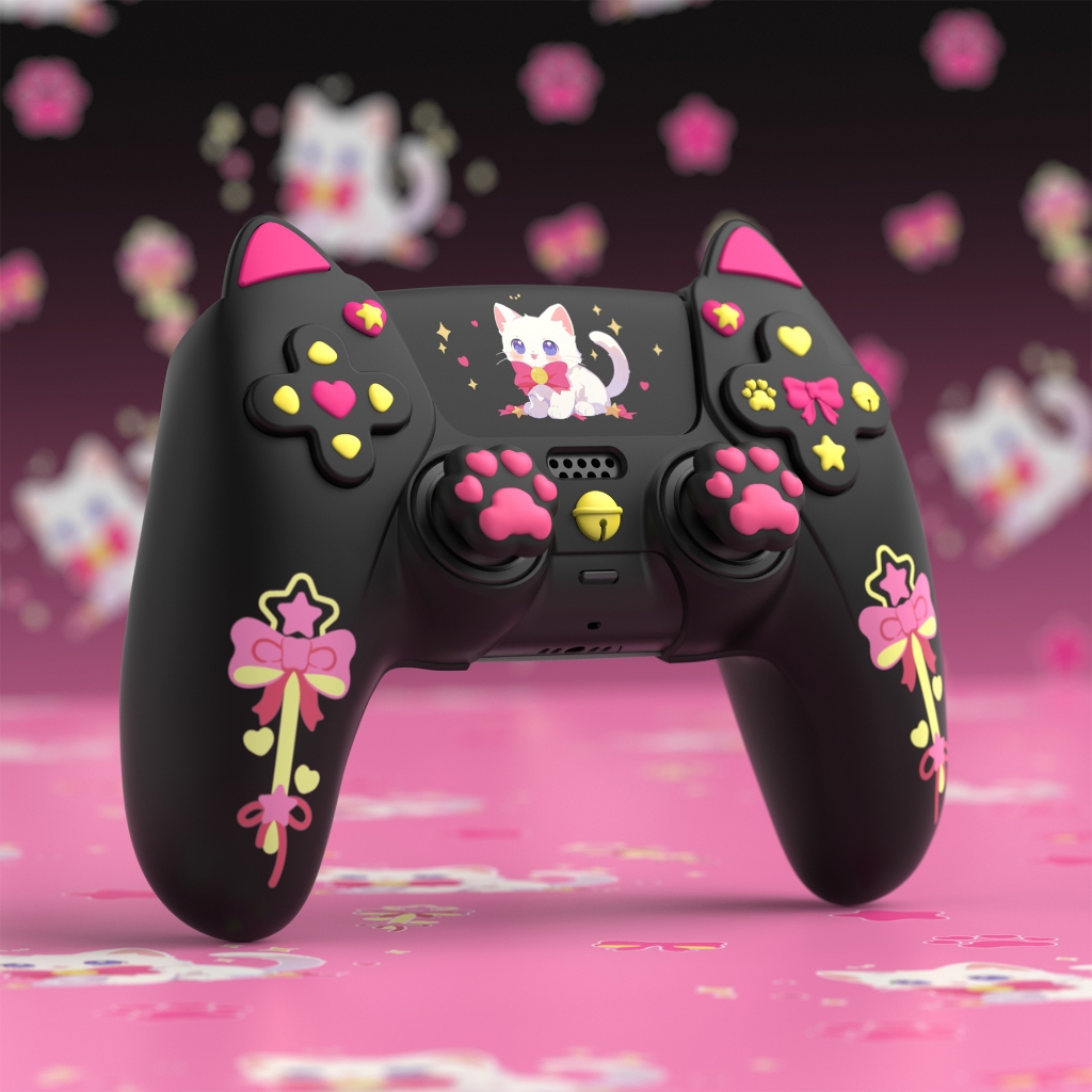 Sweetheart Kitty ปลอกซิลิโคนสําหรับคอนโทรลเลอร์ ps5 พร้อมหมวกจอยสติ๊กและสติกเกอร์ 6 ชิ้น, Soft Anti-Slip Full Protection Grip Skin ใช้งานร่วมกับ ps5 แท่นชาร์จ - สีดํา