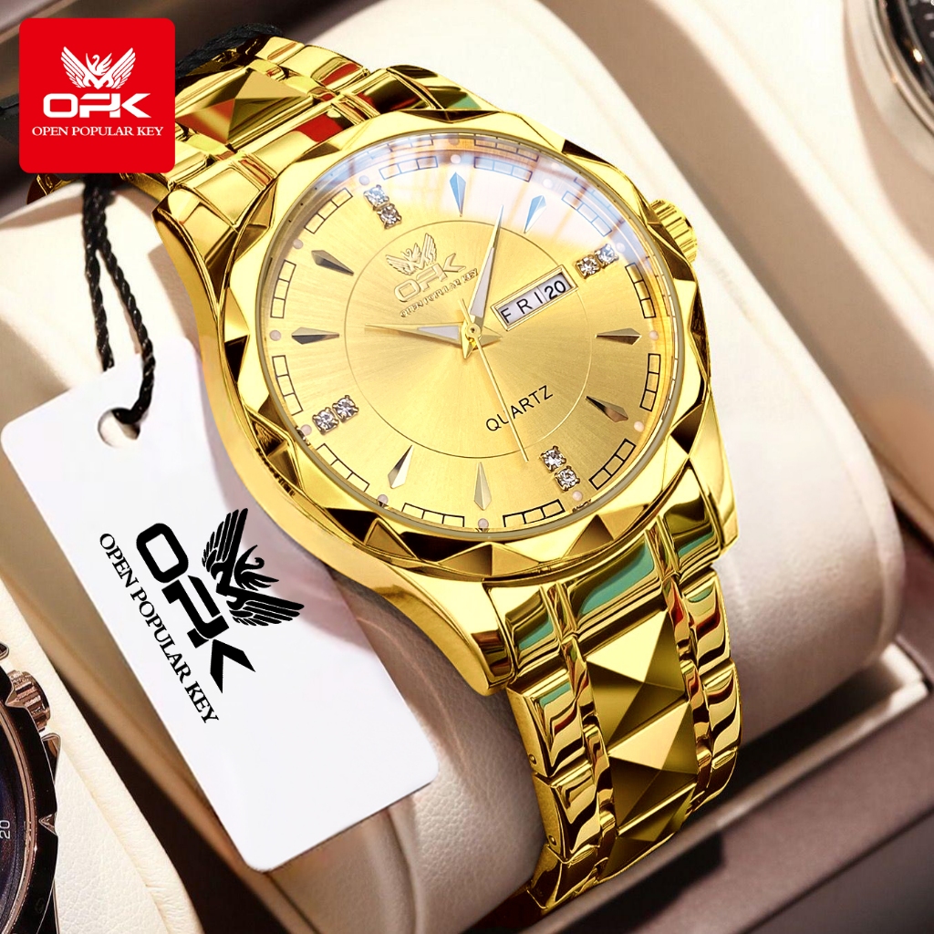 OPK นาฬิกาสําหรับชายกันน้ํา Golden นาฬิกาสแตนเลสสตีลนาฬิกาข้อมือผู้ชาย Relo