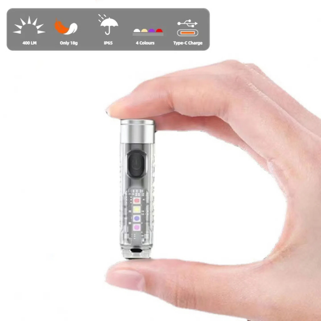 Type-C ชาร์จไฟฉาย KL05 Mini Pocket light 400lumens IP65 กันน้ําพวงกุญแจไฟฉายสีขาว/สีแดง/UV/RGB สําหรับกลางแจ้งฉุกเฉินคริสต์มาสของขวัญ