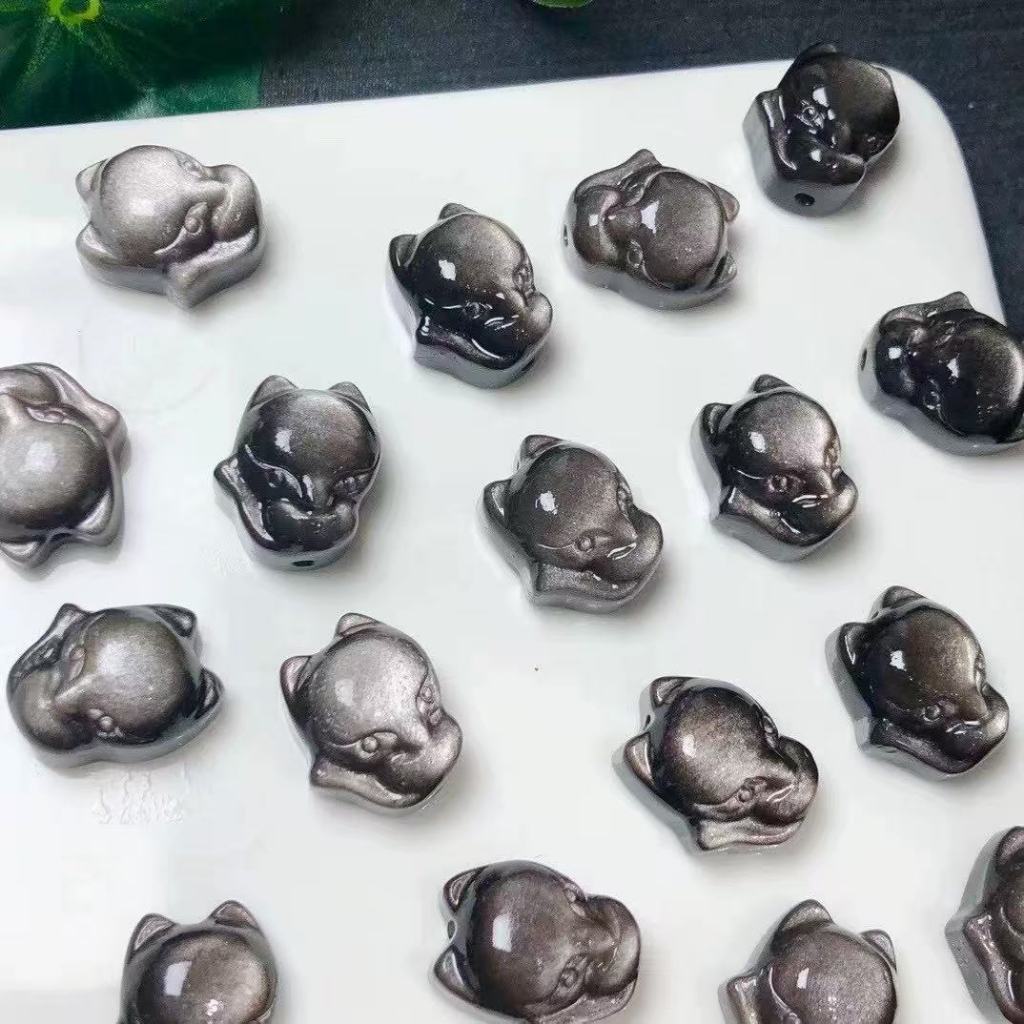 เงินธรรมชาติ Obsidian Fox Big Head Fox ประมาณ 17 มม.Top Lower Through Hole แกะสลักชิ้นเครื่องประดับคริสตัล Handmade เครื่องประดับ diy อุปกรณ์เสริม Simple All-Match ของขวัญ
