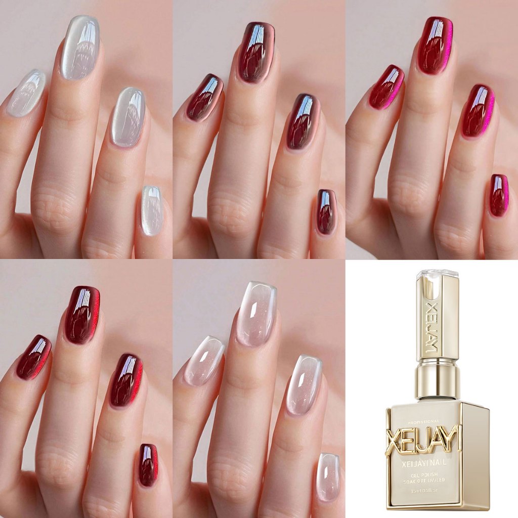 XEIJAYI 15มล ตาแมว 5 สีรวมถึง น้ำต้มสุก แสงจันทร์สีขาว อัญมณีสีแดง แบล็กเบอร์รี่ ราสเบอร์รี่ เงางามยาวนาน เหมาะกับร้านทำเล็บ