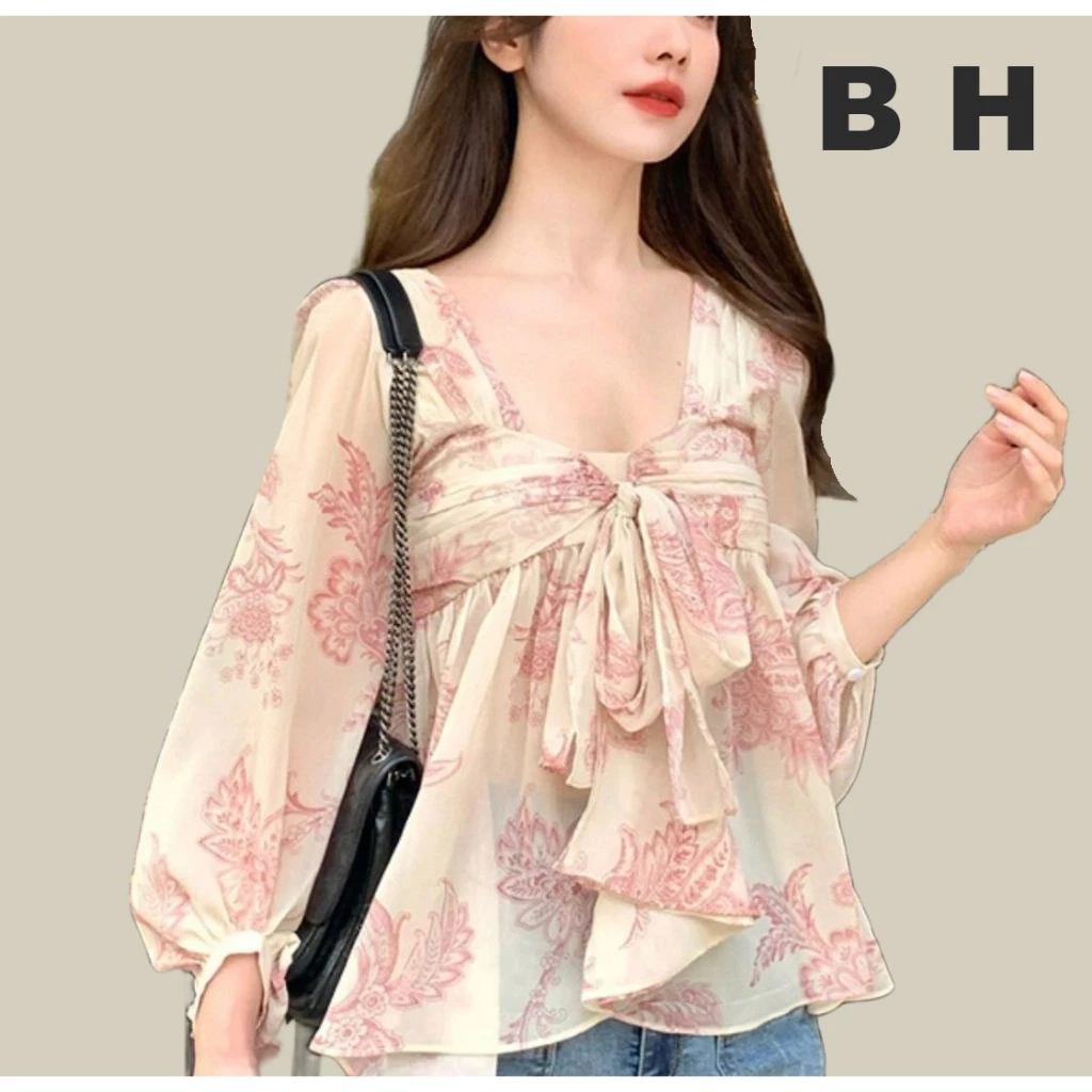 เสื้อชีฟอง แขนยาว ผูกโบว์ พิมพ์ลายดอกไม้ สีชมพู แฟชั่นฤดูใบไม้ผลิ สําหรับผู้หญิง
