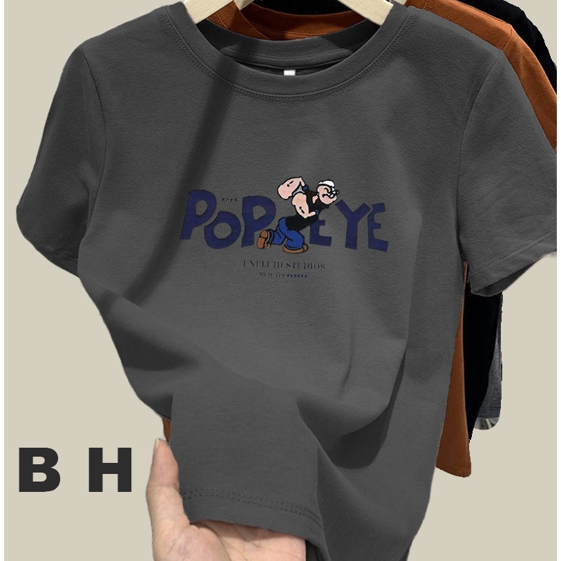 เสื้อยืดแขนสั้นลําลอง ผ้าฝ้าย พิมพ์ลาย Popeye แบบเต็มไหล่ สําหรับผู้หญิง